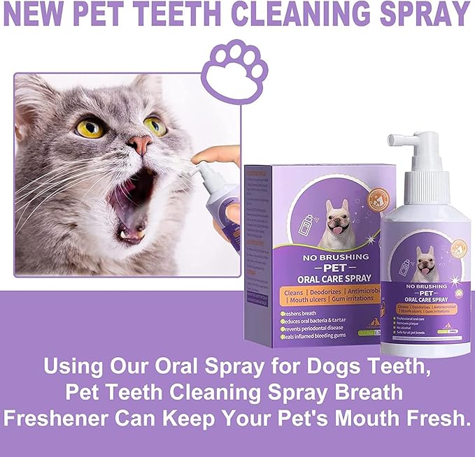 Pet Clean Teeth Spray, Teeth Cleaning Spray for Dogs & Cats, Targets Tartar & Plaque, Eliminate Bad Breath, Without Brushing