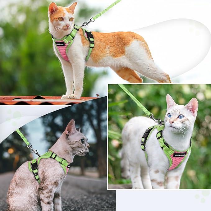 rabbitgoo Cat Harness and Leash Set, Escape Proof Soft Adjustable Vest Harnesses for Outdoor Walking, Easy Control Breathable Kitten Jacket with Reflective Strips, Pink & Light Green, XXS