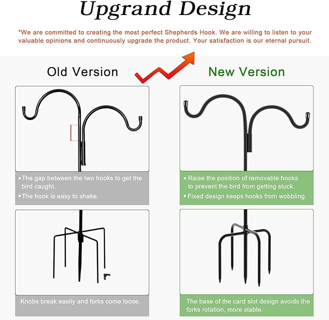 Gtongoko Double Shepherds Hook for Outdoor, 60 Inch Bird Feeder Pole with 5 Prongs Base, 5/8 Inch Thick Heavy Duty Adjustable Garden Hook for Hanging Plant, Lantern, Hummingbird Feeder, 1 Pack