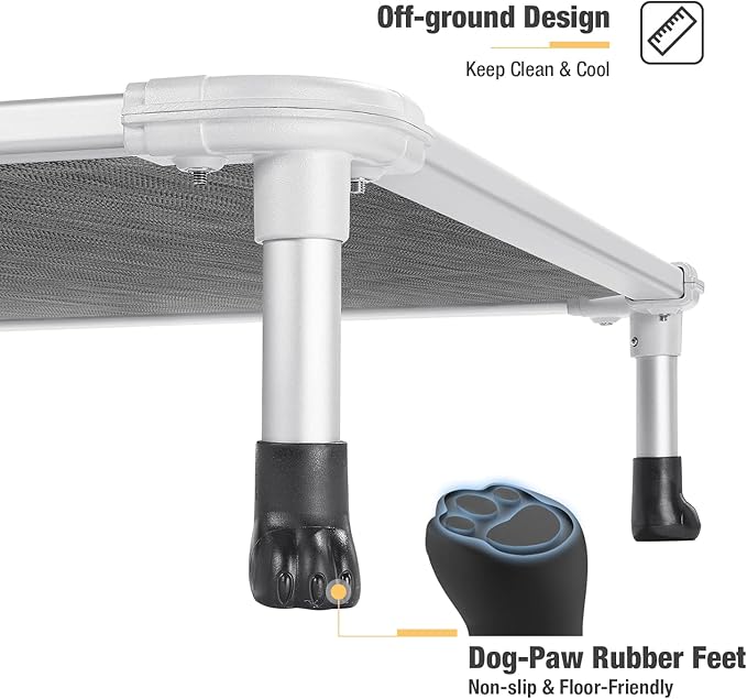 Veehoo Chew Proof Elevated Dog Bed - Cooling Raised Pet Cot - Silver Aluminum Frame and Durable Textilene Mesh Fabric, Unique Designed No-Slip Feet for Indoor or Outdoor Use, Black Silver, Medium