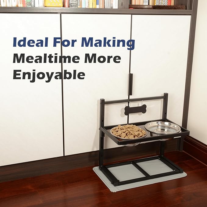 Elevated Dog Bowls with Slow Feeder, 5 Adjustable Heights, Anti-Slip, Durable Metal Frame, Spill Proof Mat, Rust-Resistant Bowls, Easy to Clean