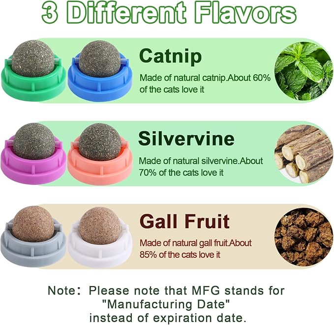 KIMOBER 6 Pack Catnip Ball for Cats,Edible Kitten Chew Toys with Catnip Silvervine Gall Fruit Flavors for Cats Lick Dental Teeth Cleaning Cats Wall Treats