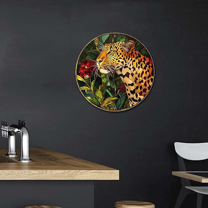 Lygond Metal Sign Tin Sign Circular Stained Glass Leopard Home Decor For Restaurant 8×8 Inches