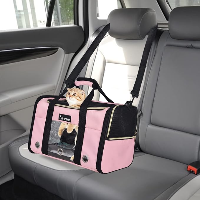 Petmolico Cat Carrier Soft-Sided Pet Bag for Small Medium Cats Puppies 16LBs - Airline Approved Pet Travel Carrier 3 Open Doors (Medium,Pink)
