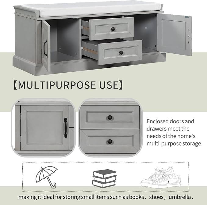 Shoe Storage Bench with 2 Drawers and 2 Cabinets, Pine Wood Shoe Bench with Removable Cushion for Living Room, Entryway 42.5" L x 15.9" W x 17.5" H (Gray Wash)