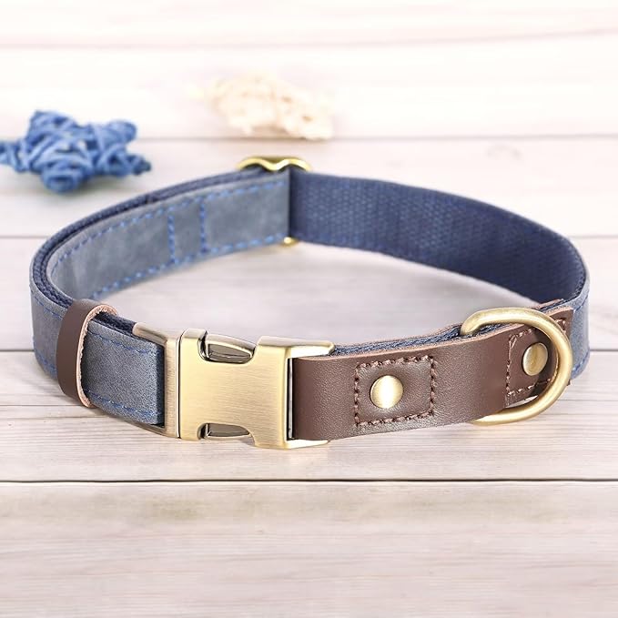Didog Soft PU Leather Dog Collar for Large Dogs,Classic Adjustable Dog Collars with Quick Release Metal Buckle,Easy Clean and Comfortable with Nylon Lining,Blue,L Neck 15-23"
