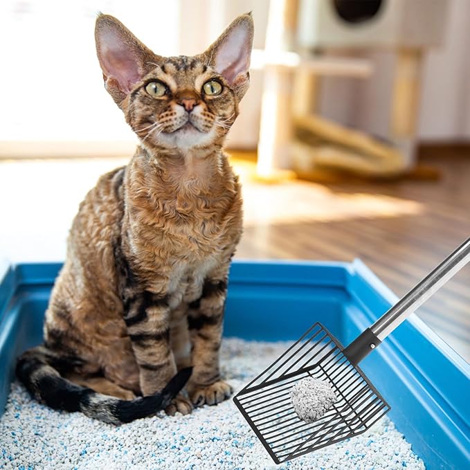 PUPTECK Fast Sifting Cat Litter Scoop - Long Handle Chicken Poop Scooper with Deep Shovel, Heavy Duty & Non-Stick Kitty Metal Litter Sifter, Chicken Coop Accessories
