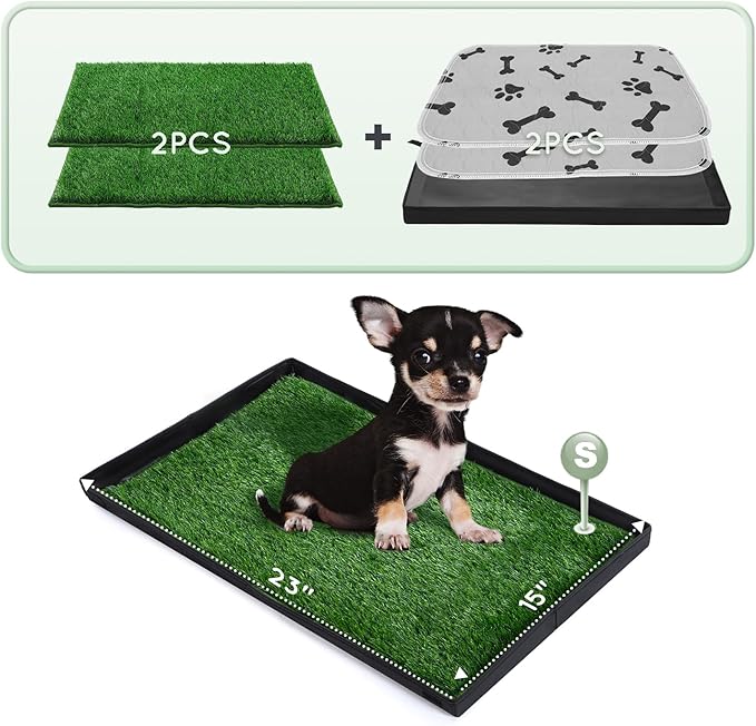 Dog Grass Pad with Foldable Dog Litter Box,Small Liner Base for Balcony,Ultra-Absorbent Artificial Grass Pads for Dogs Pee Pad Holder, Potty Training, 2 PCS Reusable Pee Pads