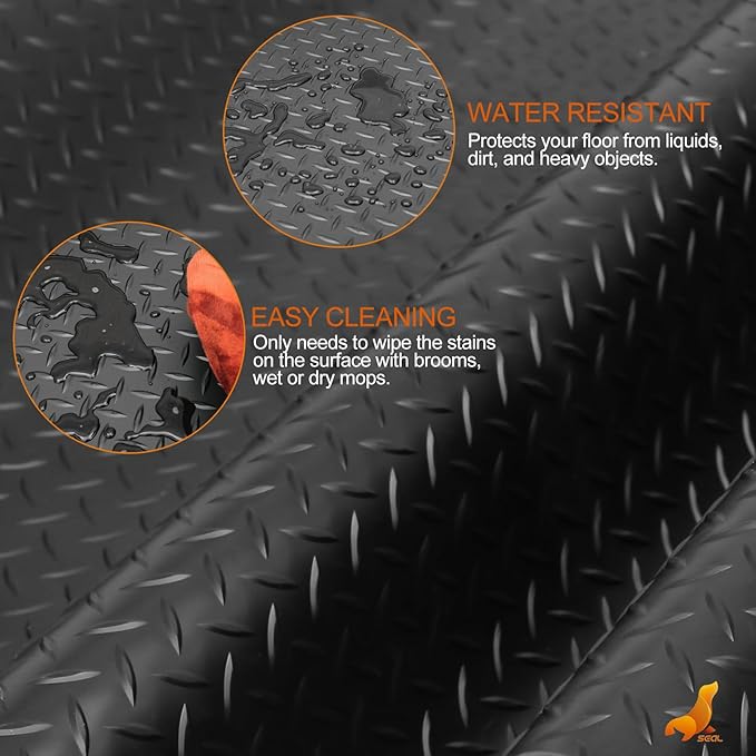 SEAL 4 x 10 Ft Premium Garage Floor Mat, Solid 2.8mm Thickened Black Commercial Grade Heavy Duty Parking Mat for Garage Floor, Golf Cart, Water/Stain Resistant Floor Runner (Embossed Diamond Plate)