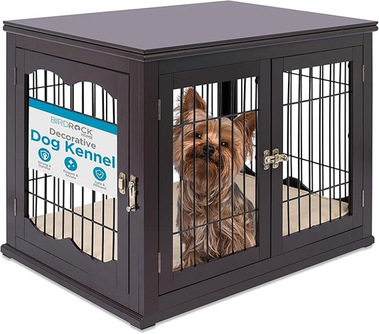 INTERNET'S BEST Decorative Dog Kennel with Pet Bed, Small Pet House, Double Door Indoor Crate, Engineered Wood & Wire Furniture, Side Table & Nightstand, Fits Small Dogs - Espresso