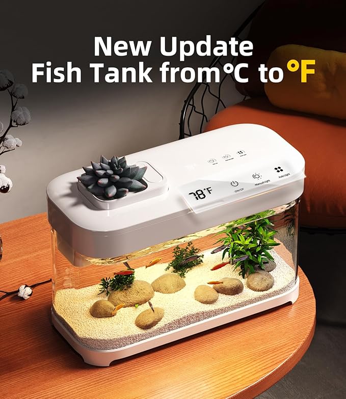 Smart Betta Fish Tank Aquarium 3 Gallon with Temperature Monitor, 3 Stage Filtration, 8 Color Lighting, Self Cleaning Small Beta Tank Kit, Acrylic