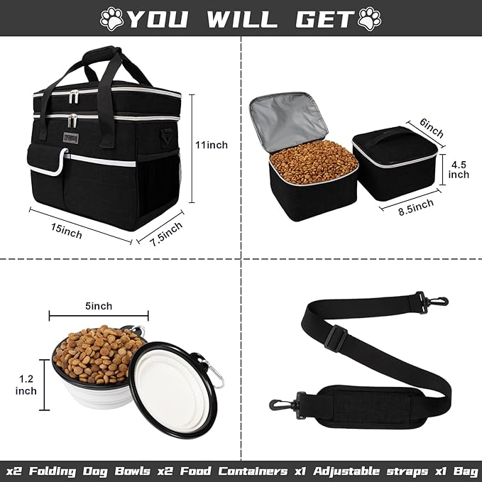 BAGLHER Dog Travel Bag for Supplies - Double-Layer Airline Approved Weekend Pet Travel Organizer Set for Dog and Cat Tote with 2 Pet Food Containers and 2 Collapsible Silicone Bowls Black