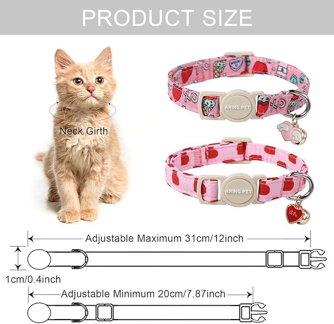 ARING PET 2 Pack Valentine's Day Cat Collars-Cute Heart Cat Collar Breakaway with Bell&Pendant, Adjustable Valentine Kitten Collars with Safety Buckle for Girl and Boy Cats