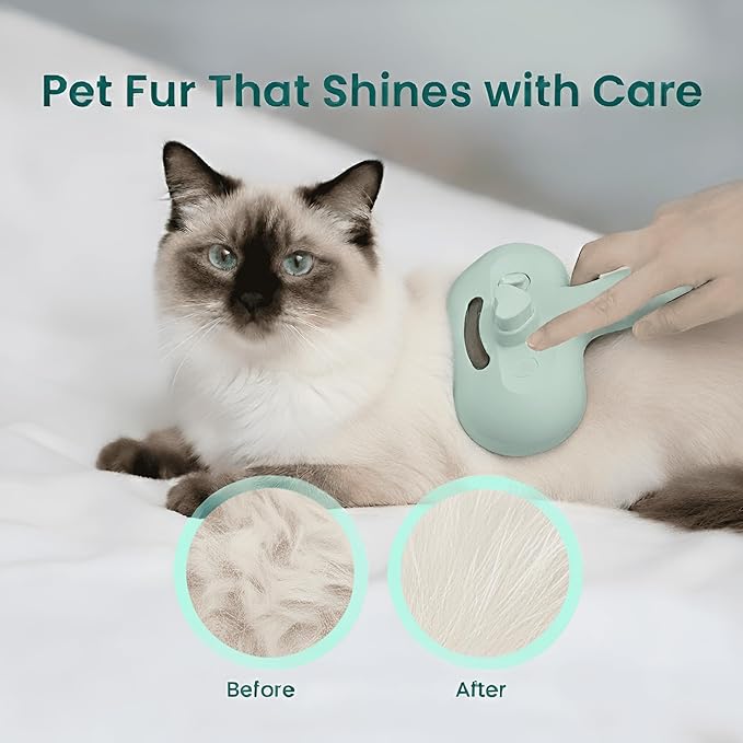 3 in 1 Cat Steam Brush - Self Cleaning Pet Steam Brush for Cat & Dog - Cat Brushes for Shedding with Quiet Motor - Elimination Flying Hair - Keep Your Clothes & Home Clean, Green