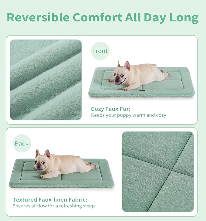 Made4Pets Dog Crate Pad Bed for Medium Large Dogs, Washable & Reversible, Anti-Slip Kennel Mat for Cozy Sleeping, Soft Fluffy Dog Bed for Indoor & Outdoor Use, 35"x23", Green