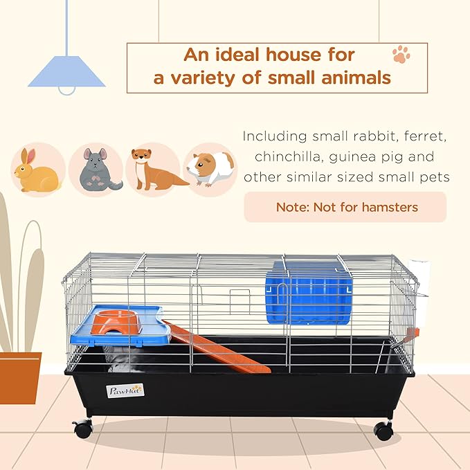 PawHut 35" L Small Animal Cage, Rolling Bunny Cage, Guinea Pig Cage with Food Dish, Water Bottle, Hay Feeder, Platform, Ramp for Chinchilla, Black