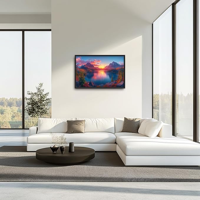 Large Lake Mountain Landscape Wall Art for Living Room, Nature Sunrise Canvas Oversized Wall Decor, River Forest Scenery Framed Pictures Painting Print Artwork for Bedroom Office 36"L x 24"W