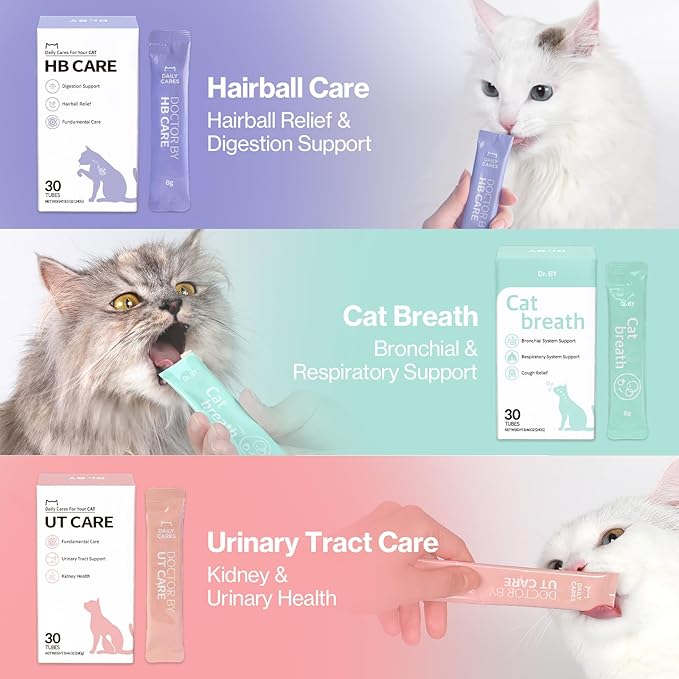 Dr.by HB Care Cat Hairball Supplement-Hairball Treatment for Cats Furball Control Relief Remedy & Digestive Support with Omega-3, Chitosan-30 lickable Formula Individuallly Packaged (1Pack, 30 Count)