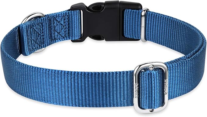 Hyhug Pets Solid Color Classic Regular Heavy Duty Basic Collar Medium Breeds Dogs, Unique Design Adjustment Triglide Slide (Buckle) Can Attached Name Tag Accessories. (Medium, Classic Blue)