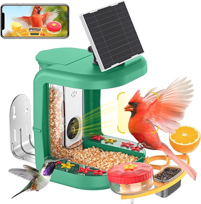 Solar-Powered Smart Bird Feeder with Camera Solar Powered,2K Video Recording, Auto Bird ID & Extensive DIY Accessories,2 in 1 Hummingbird Feeder Camera Ideal Present for Bird Lovers (Green)