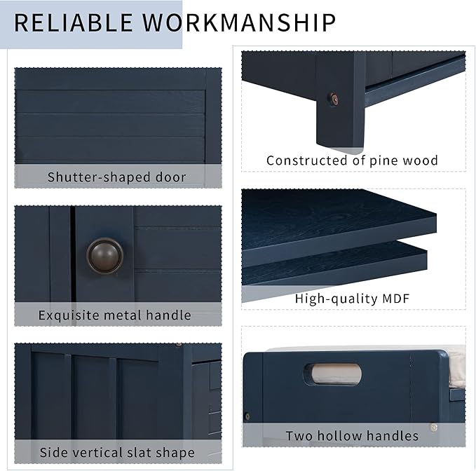 Storage Bench with 3 Shutter-Shaped Doors, Pine Wood Shoe Bench with Removable Cushion and Hidden Storage Space for Entryway Living Room 43.5" L * 16" W * 18" H, Antique Navy