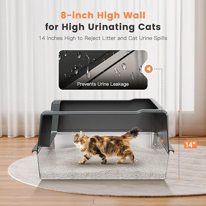 XXL Stainless Steel Cat Litter Box with High Sided, 27.6" L x 20" W x 14" H Extra Large Litter Box for Big Cats and Multiple Cats, Enclosure Cat Litter Pan with Anti-Urine Leakage, Easy Clean