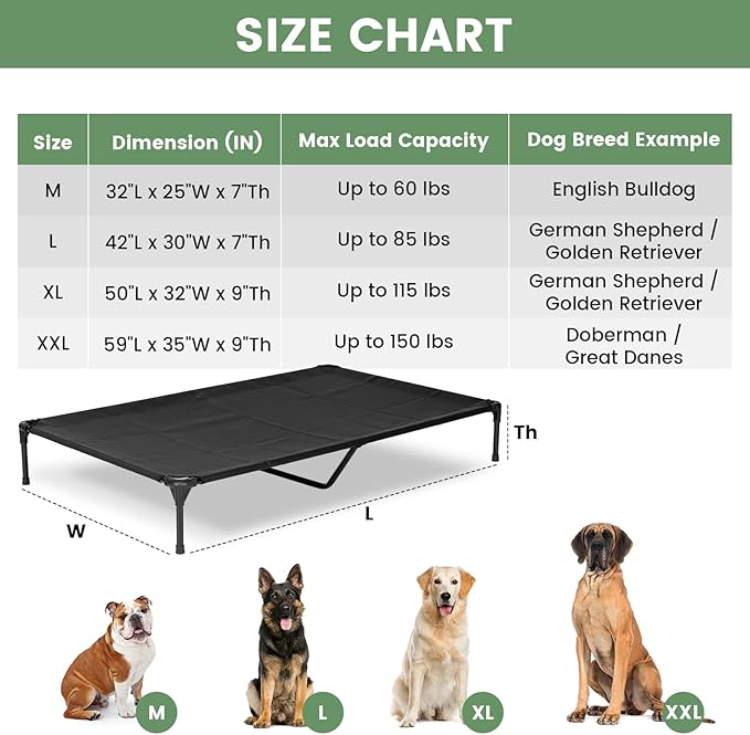 Elevated Dog Bed for Outdoor, Medium Raised Dog Cot with Washable Mesh, Cooling Pet Cot Chew Proof for Outside Camping, 32"x25" Grey