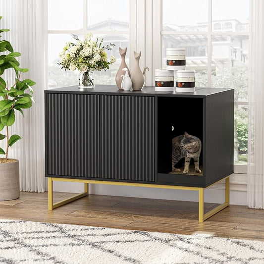 Cat Litter Box Enclosure, Fluted Hidden Litter Box Furniture with Scratch Pad and Metal Legs, Modern Enclosed Cat Cabinet, 31.5 x 17.7 x 21.7 Inches Indoor Pet House for Living Room, Washroom, Black