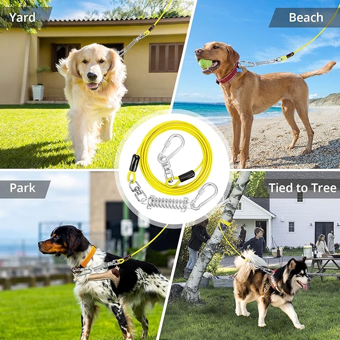 jenico Dog Tie Out Cable - 25ft Dog Lead for Yard - Heavy Duty Dog Chain with Shock Spring - Outdoor Tether Leash for Small Large Dogs Up to 500 lbs