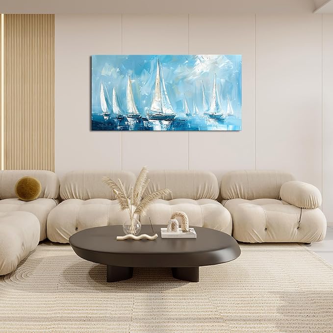 Large Blue and White Sailboat Wall Art Nautical Sails Canvas Living Room Ocean Pictures Framed Prints Oversize Wall Decor Painting Artwork for Bedroom Dining Office Home 60"x30"