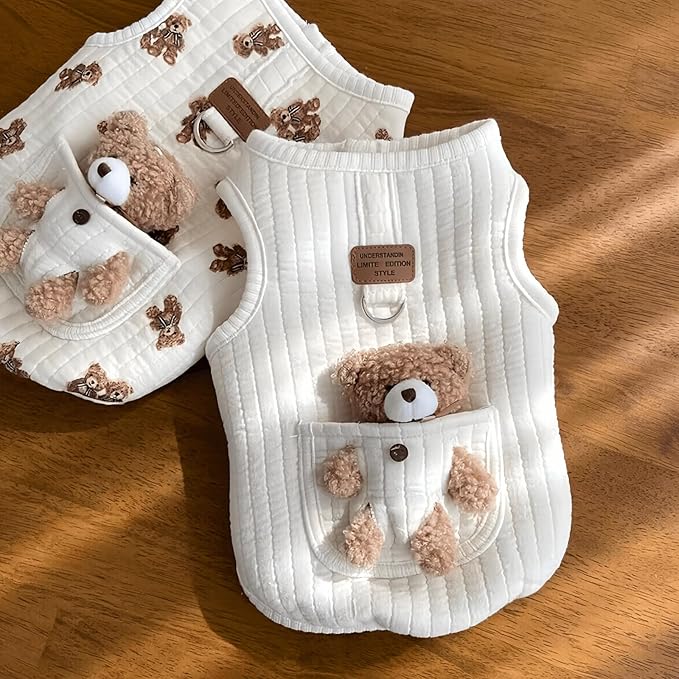 Cute Pet Apparel Plush Bear Pattern Cartoon Dog Clothes All Season Sleeveless Puppy Kitten Pullover Soft Skin-Friendly (White2, M (4.4-7.7lbs))