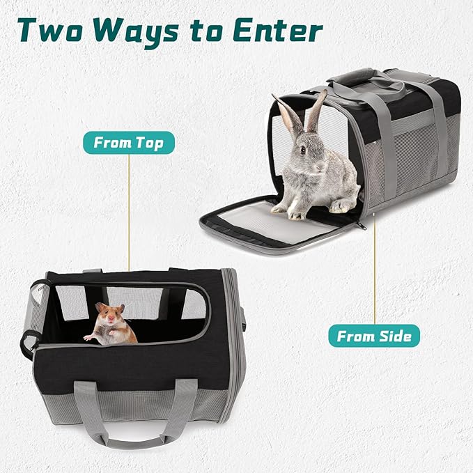 PINVNBY Bunny Carrier for Travel Camping Outdoor, Small Pet Carrier, Guinea Pig Carrier, Breathable Pet Portable Hand Bag for Hamster Bunny Guinea Pig(Black & Gray)