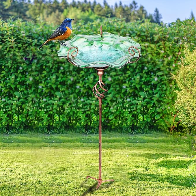 VCUTEKA Bird Bath Glass Outdoor Birdbaths Garden Yard Decor Bird Feeder with Metal Stake Green