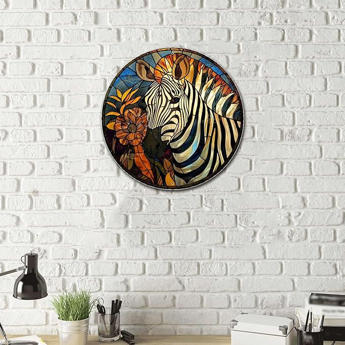 Lygond Metal Sign Tin Sign Circular Stained Glass Zebra Home Decor for Bar 12×12 Inches