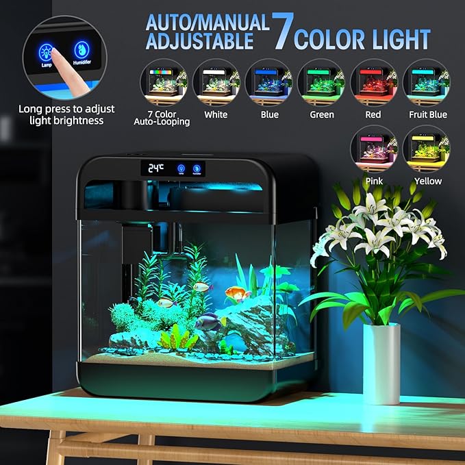 Fish Tank 2.2 Gallon Fish Bowl with Humidifier 7 Color Auto-Looping Light 3 in 1 Quiet Pump with Filteration & Oxygenation & Circulation, Temperature Display, HD Float Glass, Thickened Base