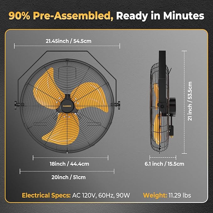 18 Inch Wall Mount Fan, Extended 6.6ft Power Cord, 360° Tilt Adjustment, 3-Speed, IP44 Industrial Commercial Wall Mounted Fan for Greenhouse, Garage, Workshop, Covered Patio, 1 Pack