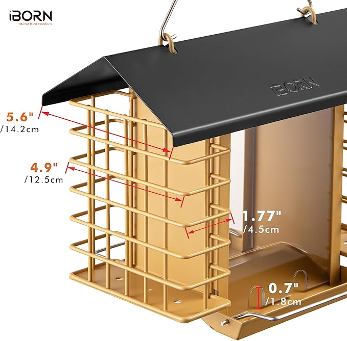 iBorn Bird Feeders for Outdoors,Bird Feeder with Double Suet Holders,Suet Feeder for Outside Hanging,Large Weatherproof Metal Roof,3.2 LBs Seeds Capacity + 2X Cakes,Easy to Refill & Clean,1 Pack,Black