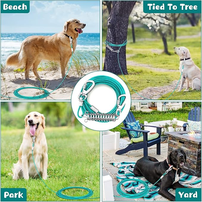 Tie Out Cable for Yard - 25FT Heavy Duty Dog Leads with Shock Absorbing Spring for Large Dogs Up to 125lbs