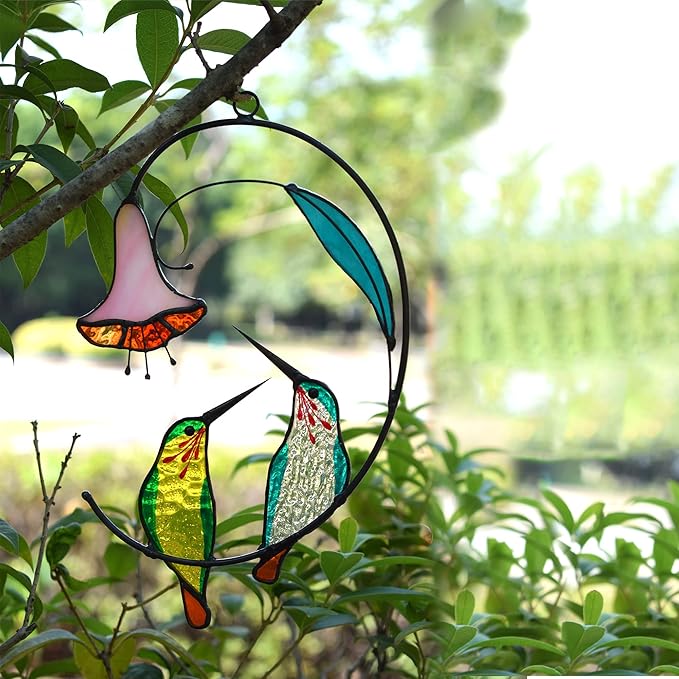 Lolitarcrafts Hummingbird with Flower Stained Glass Suncatcher Bird Stained Glass Window Hangings Hummingbird Gift for Home Decor (Green 1 Pair)