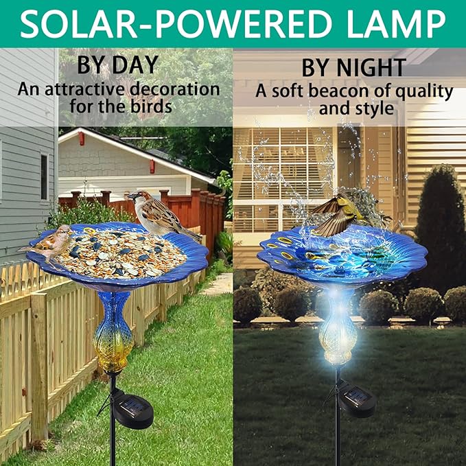 John's Studio Peacock Bird Bath for Outdoor - Glass Bowl Solar Light Bird Baths Cage Outside Dish Bird Feeder with Metal Stake for Garden, Yard and Patio - Blue 32 inches