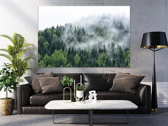 Nature Wall Art Prints - Ocean Forest Mountain Lake Canvas Landscapes - Small to Extra Large Living Room Bedroom Kitchen Bathroom Décor (Pine Trees in Fog, 31L" x 47W")