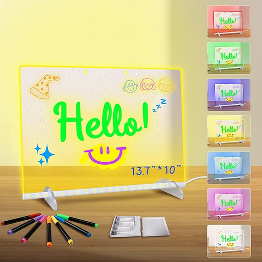 Led Drawing Board for Kids, LED Note Board with Colors,Doodle Glow Drawing Board, 13.7"X10" 6 Modes & 8 Colors, Light Up Drawing Board, Led Writing Board with Battery Pack for Home/Office/Decor