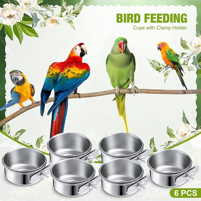 Sabary 6 Pcs Bird Feeding Dish Cups Stainless Steel Bird Bowls for Cage Parrot Food Bowl 10 Oz Birds Water Bowl for Parakeet Conure Cockatiels Lovebird Budgie Chinchilla African Greys Small Animal
