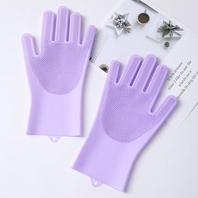 Pet Grooming Gloves,Heat-Resistant Silicone Gloves with High-Density Teeth for Enhanced Massaging and Bathing of Dogs and Cats (Purple, 2 Pair)