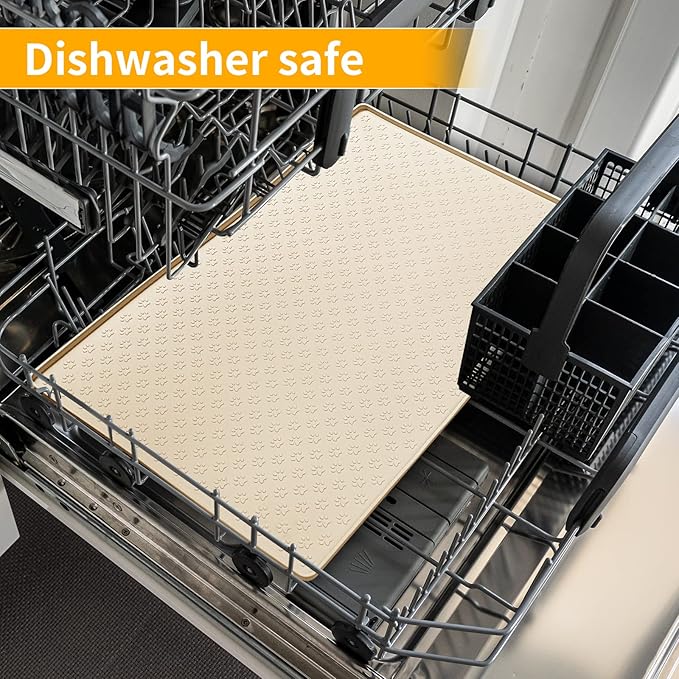 Ptlom Silicone Pet Placemat for Dog and Cat, Waterproof Anti-Slip Pet Feeding Bowl Mats for Food and Water, Small Medium Large Tray Mat Prevent Residues from Spilling to Floor, Beige, 31.5" 23.6"