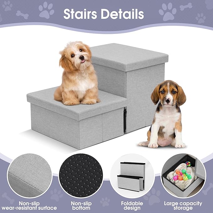 Heeyoo Dog Stairs with Storage, Foldable Dog Steps for Small Dogs, 2 Tiers Non-Slip Pet Stairs for High Beds Or Couch and Sofa, Hold up to 150 lbs Pet Doggy Cat