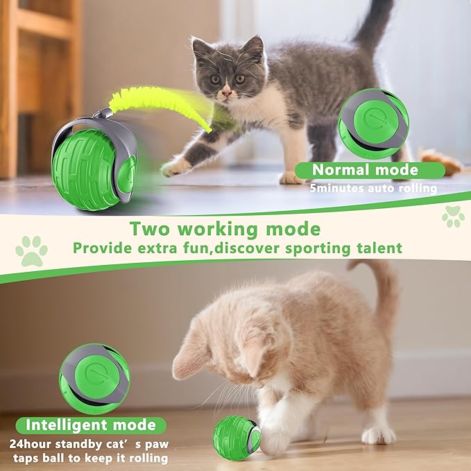Cat Toys,Interactive Cat Toys Ball for Bored Indoor Cat,Automatic Rolling,Drop Resistant and Obstacle Avoidance,2 Modes Adjustment,Fluffy Tail and USB Type-C Rechargeable(Green)