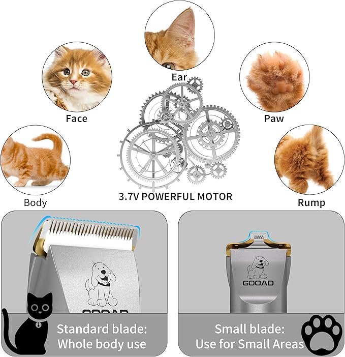 Cat Clippers, Professional Cat Grooming Kit, Cordless Cat Grooming Clippers for Thick Coats, Cat Hair Trimmer, Low Noise Cat Shaver Clippers, Quiet Pet Hair Clippers Tools for Cats Dogs (Gray)