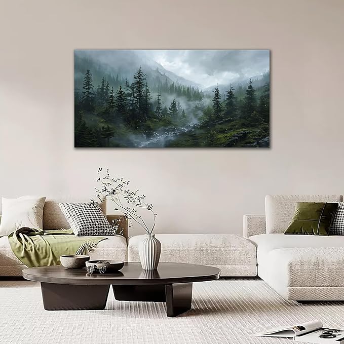 Large Forest Wall Art Nature Misty Mountain Canvas Living Room Tree Landscape Pictures Framed Prints Oversize Wall Decor Painting Artwork for Bedroom Dining Home 60"x30"