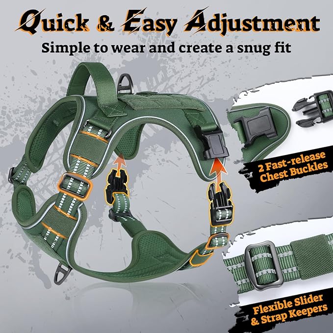 rabbitgoo Dog Harness for Large Dogs No Pull, Tactical Service Pet Vest with Molle and Control Handle, Adjustable and Reflective Military Harness for Easy Walking and Training, Green, L